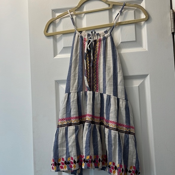 LIKE NEW Blue + White Stripe Halter Top with Pink + Yellow Embroidery - Size S - Picture 2 of 9